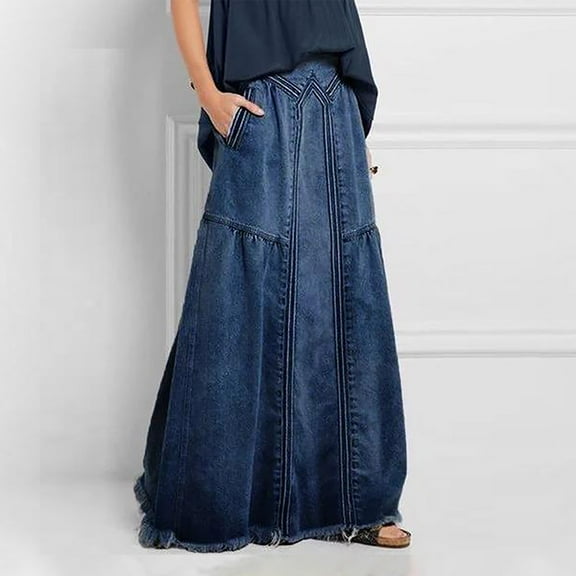 Luxalzxs Long Denim Skirt for Women Classic Y2K Retro Casual Elastic Waist Frayed Hem A-Line Distressed Hippie Maxi Jean Skirt with Pockets