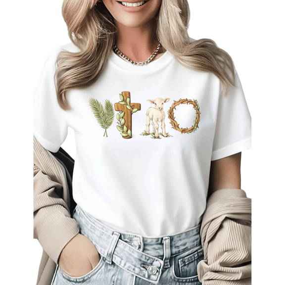 Faith Based Easter Lamb Cross Graphic Tees Womans T-shirt Shirts Black White S-5XL Tops
