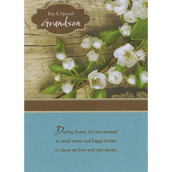 Designer Greetings White Flowers on Branches Over Wood Planks: Warm and Happy Wishes Easter Card for Grandson