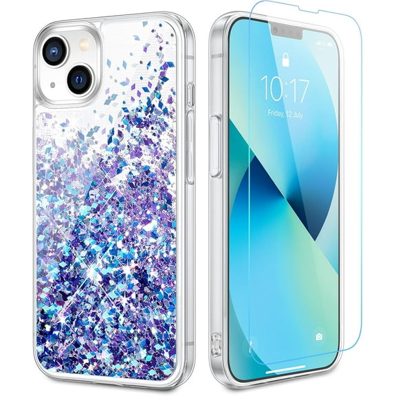 for iPhone 13 Case, iPhone 14 Case Glitter with Screen Protector for Women Girls Liquid Bling Sparkle Floating Quicksand Transparent TPU Phone Case for iPhone 13 14 - Blue Purple