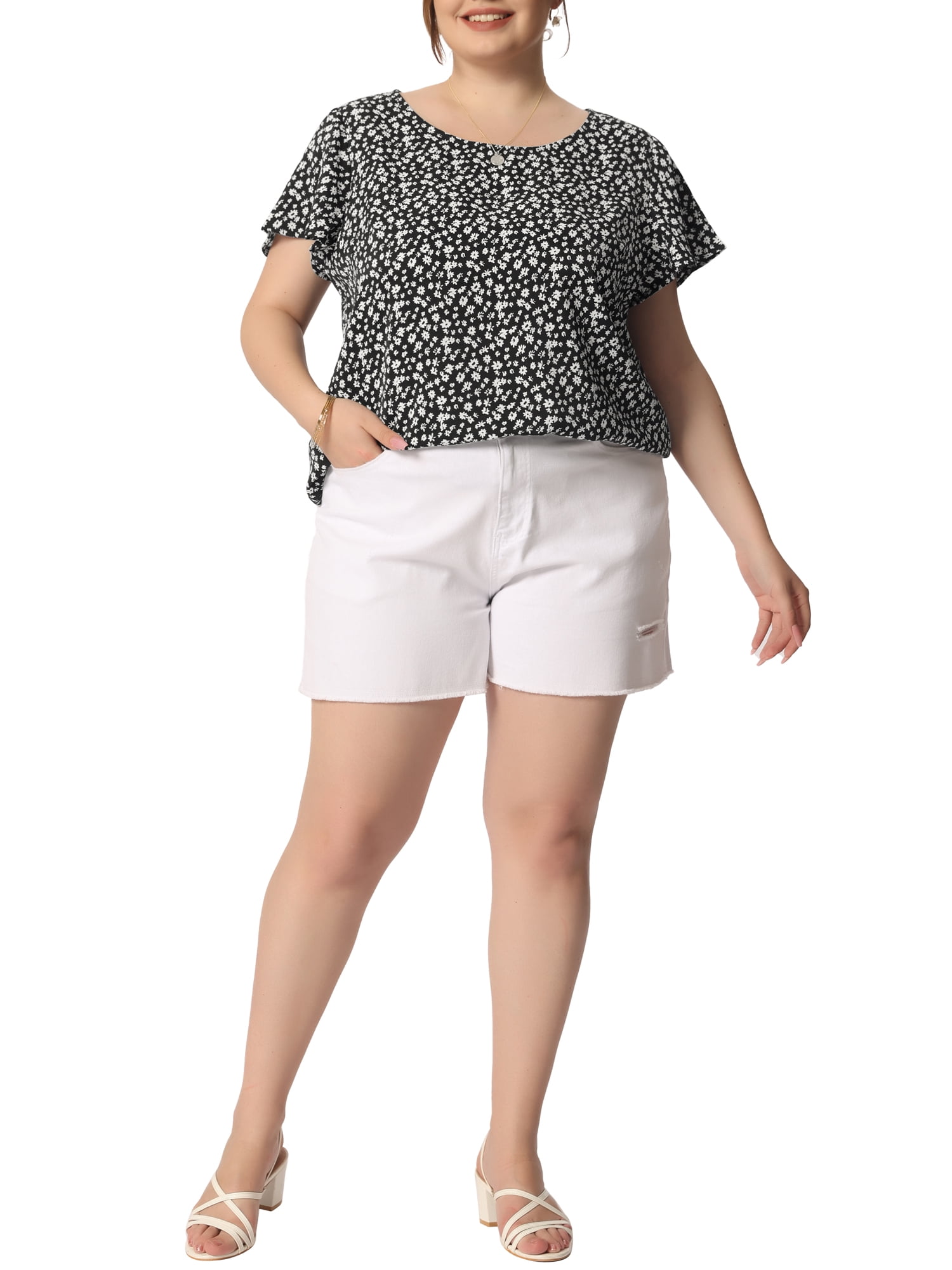 Unique Bargains Women's Plus Size Summer Floral Flutter Sleeve Round Neck Peplum Blouse