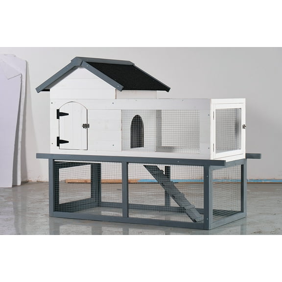 Witaxima 53-inch All-Weather White Wood Chicken Coop Rabbit Hutch with Asphalt Roof, Stairs, Pull-Out Tray for Outdoor/Indoor Use