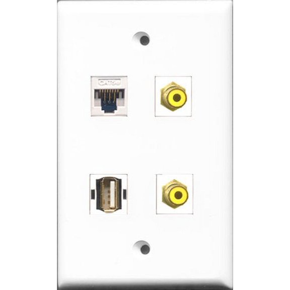 RiteAV - 2 Port RCA Yellow and 1 Port USB A-A and 1 Port Cat5e Ethernet White Wall Plate
