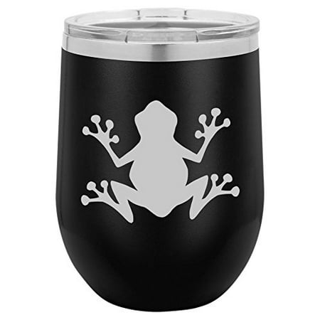 

12 oz Double Wall Vacuum Insulated Stainless Steel Stemless Wine Tumbler Glass Coffee Travel Mug With Lid Frog (Black)