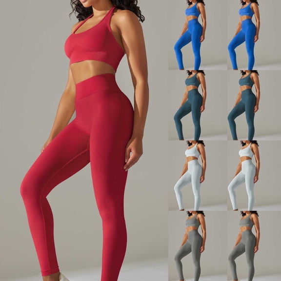 WEIee Yoga Two Piece Set for Women Workout Outfits Sleeveless Shirts Sets Stretchy High Waist Leggings Suit Solid Fashion Slim Tracksuit Gym Athletic Sportswear Blue L