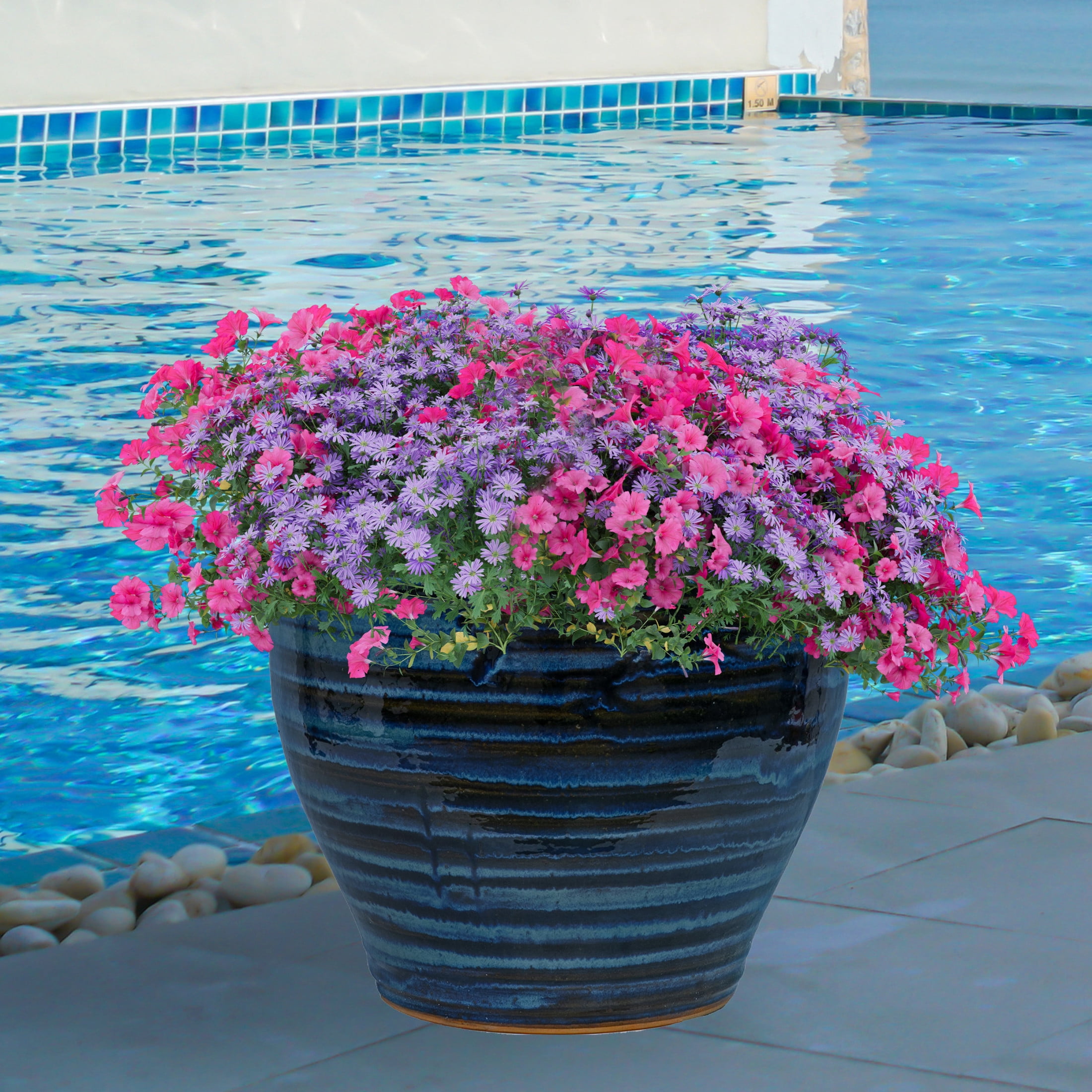 Sunnydaze Studio 18.5" x 18.5" x 15" Round Galaxy Blue Ceramic Outdoor Planter