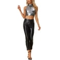 thumbnail image 2 of MODA NOVA Juniors’s Mock Neck Zipper Front Sleeveless Holographic Sparkle Party Tops Black Silver M, 2 of 5