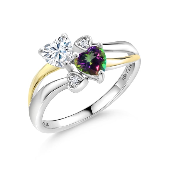 Gem Stone King 925 Silver and 10K Yellow Gold White Moissanite and Green Mystic Topaz and White Lab Grown Diamond Ring for Women (1.04 Cttw, Gemstone, Heart Shape 5MM, Size 7)