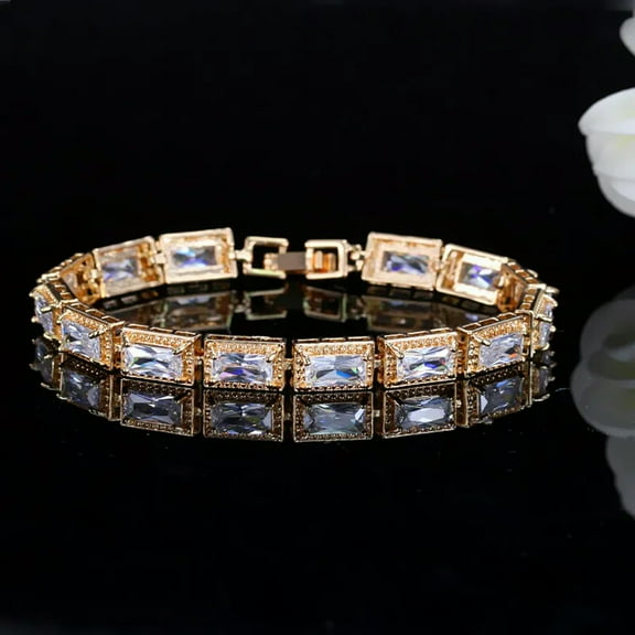 Luxury Square Tennis Chain Link Bracelet Bangle 18k Gold Plated CZ Bridal Girls
