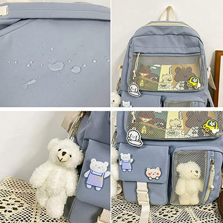 Cute Backpack with Plush Pendant Pin and Accessories Backpack,Cute  Aesthetic Casual School Supplies College Work Bookbag. (Black)