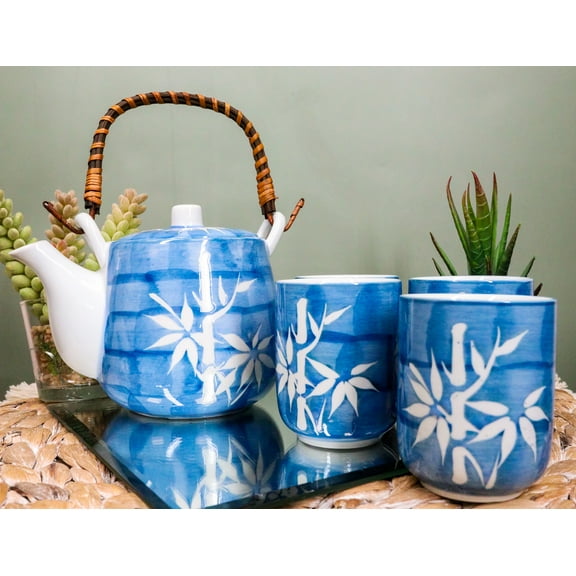 China Winter Lucky Bamboo Design Porcelain Blue 20oz Tea Pot and 4 Cups Set