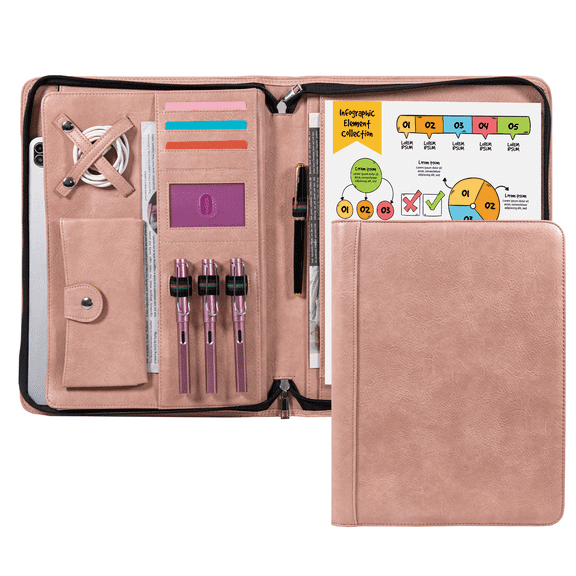 Women's Faux Leather Folder, Professional Vegan Faux Leather Resume Zipper Folder, Business Folder, Phone Pocket, A4/US Letter Writing Board Stand, Women's/Girl's Gift, Vintage Pink