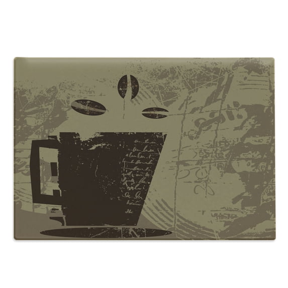 Coffee Cutting Board, Grunge Weathered Mug Silhouette with Aromatic Java Beans for Breakfast, Decorative Tempered Glass Cutting and Serving Board, Large Size, Dark Brown Cocoa Tan, by Ambesonne