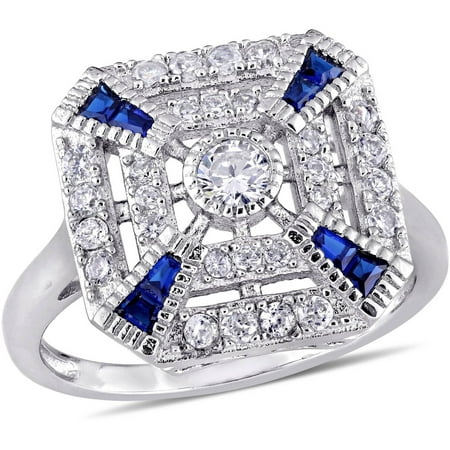 Tangelo 3-5/8 Carat T.G.W. Created Blue Spinel and Cubic Zirconia Sterling Silver Vintage Square Fashion Ring