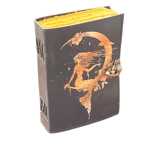 Handmade Leather Journal with Vintage Deckle Paper – 5x7 Inch Fairy & Moon Embossed Notebook, 200 Pages