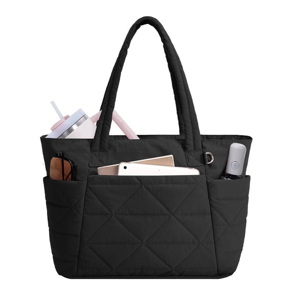 WANDF Puffy Tote Bag for Women,Quilted Puffer Work Tote with Bottle Pockets,15.6 Inch Laptop Bag with Compartment,Lightweight Water-Resistant Travel Shoulder Bag for Mom,Sister,Teacher,Nurse(Black)