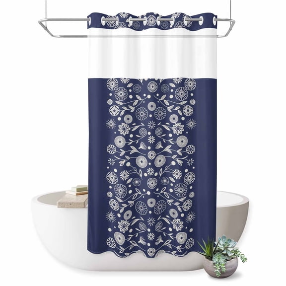 No Hook Shower Curtain, Japanese Shower Curtains for Bathroom with See Through Top Window, Navy Blue Country Flowers Leaves Aesthetic Waterproof & Washable Bath Curtain Narrow 54"x78"