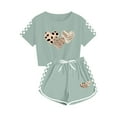 thumbnail image 3 of Boy Girl's Tracksuit Sets 2 Piece Outfits Letter Print Vacation Tee Top and Drawstring Waist Shorts Army Green 10-12 Years, 3 of 6