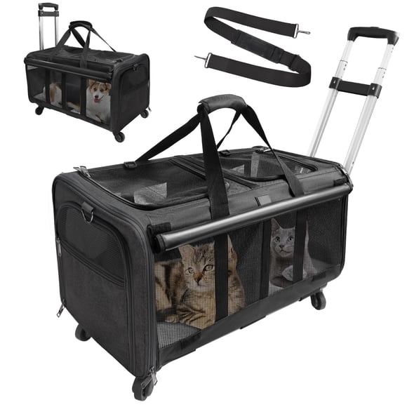 GJEASE Transporteur Roulant pour Animaux à Double Compartiment avec Roues, Transporteur pour 2 Chats, Design Super Ventilé, Idéal pour Voyager/randonner/camping