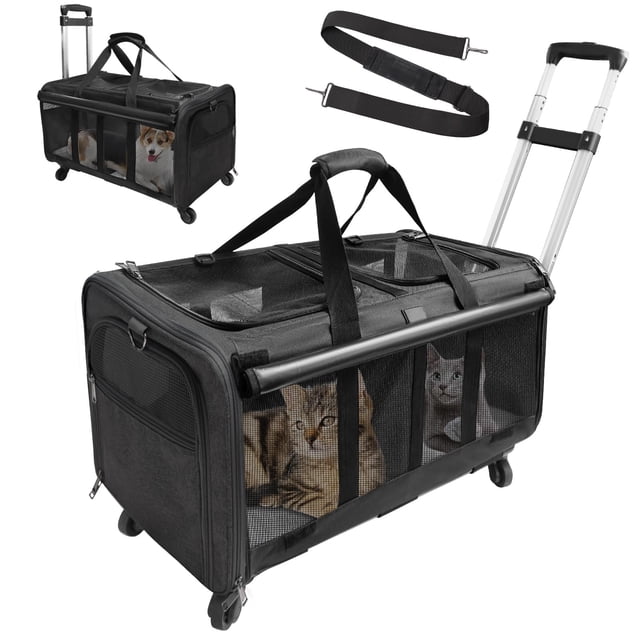 GJEASE Transporteur Roulant pour Animaux à Double Compartiment avec Roues, Transporteur pour 2 Chats, Design Super Ventilé, Idéal pour Voyager/randonner/camping