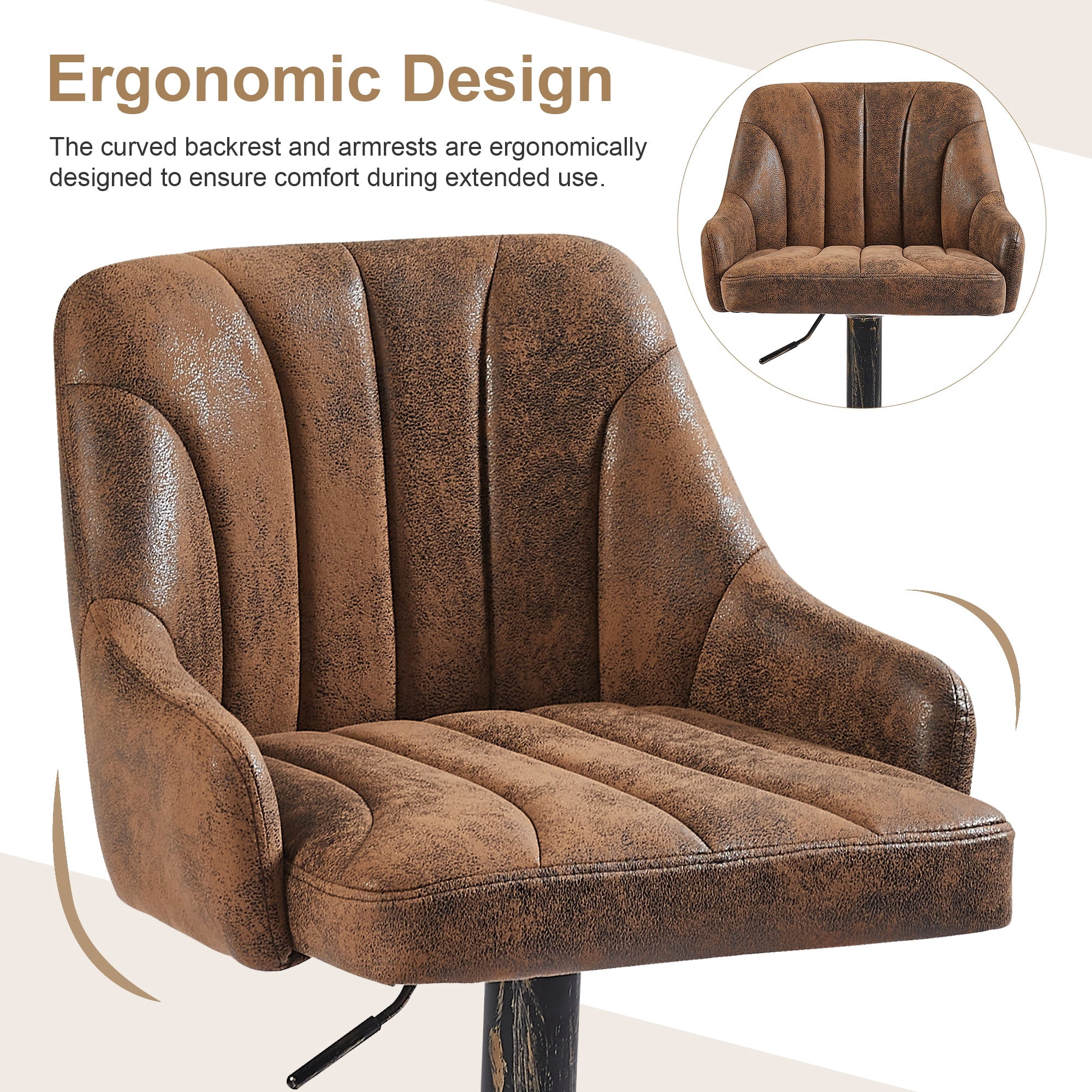 VECELO Set of 2 Swivel Bar Stools, Adjustable Counter Height Barstools Faux Leather Chair with Backrest and Armrest, Dark Brown