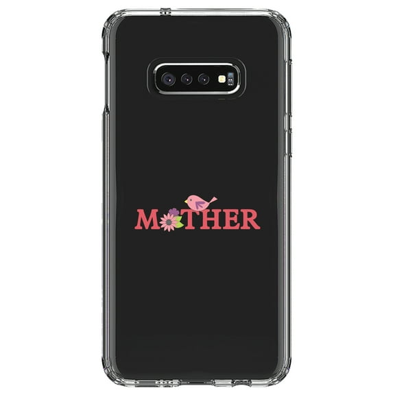 DistinctInk Clear Shockproof Hybrid Case for Samsung Galaxy S10e (5.8" Screen) - TPU Bumper Acrylic Back Tempered Glass Screen Protector - Mother - Pink Bird & Flowers