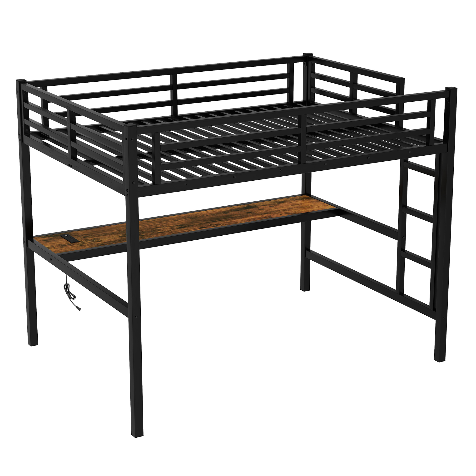 Leumius Full Size Loft Bed,Metal Bed Frame with Power Outlet and LED Lighted,Space-Saving, Noise Reduced, Black