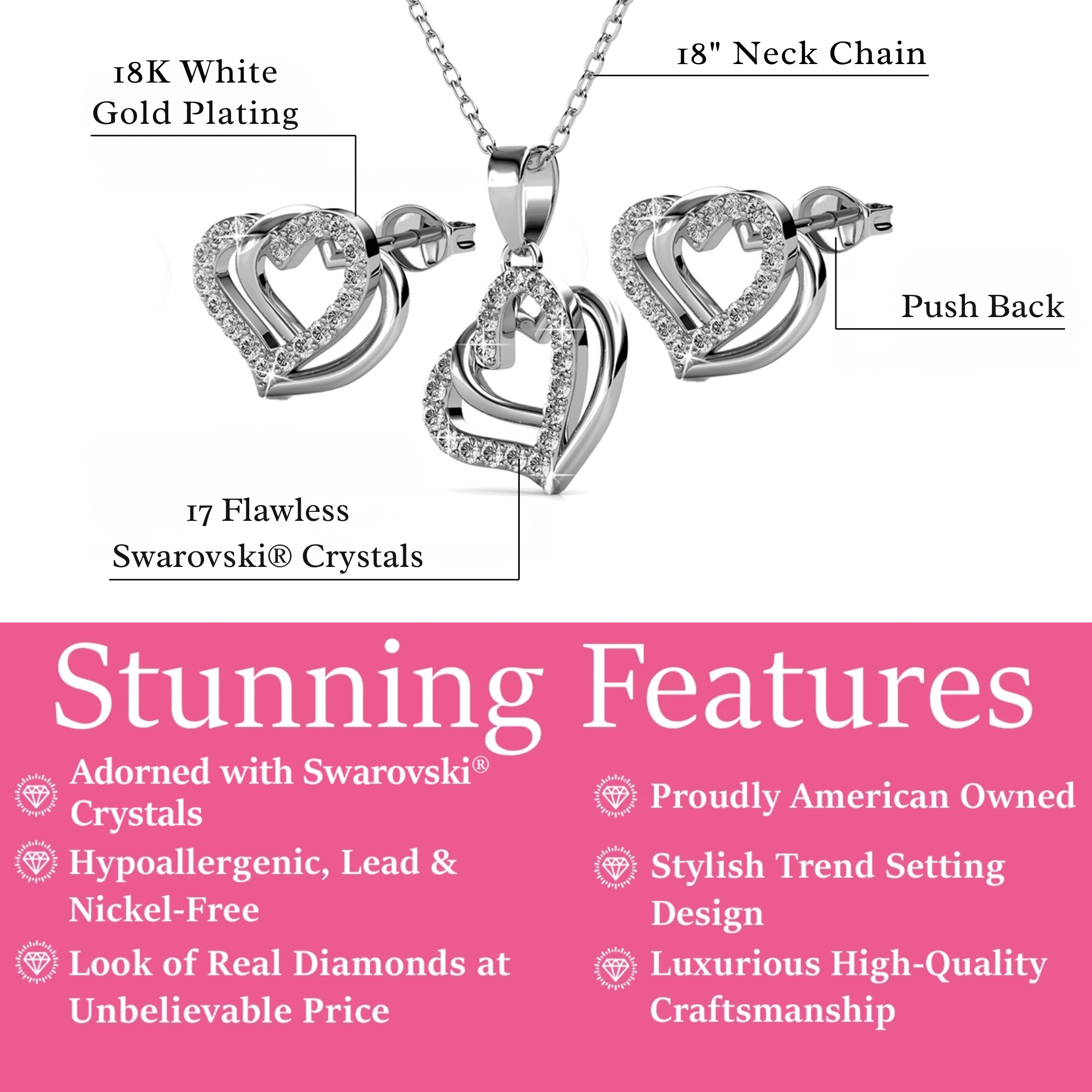 Cate & Chloe Angela 18k White Gold Plated Double Heart Jewelry Set with Swarovski Crystals for Women