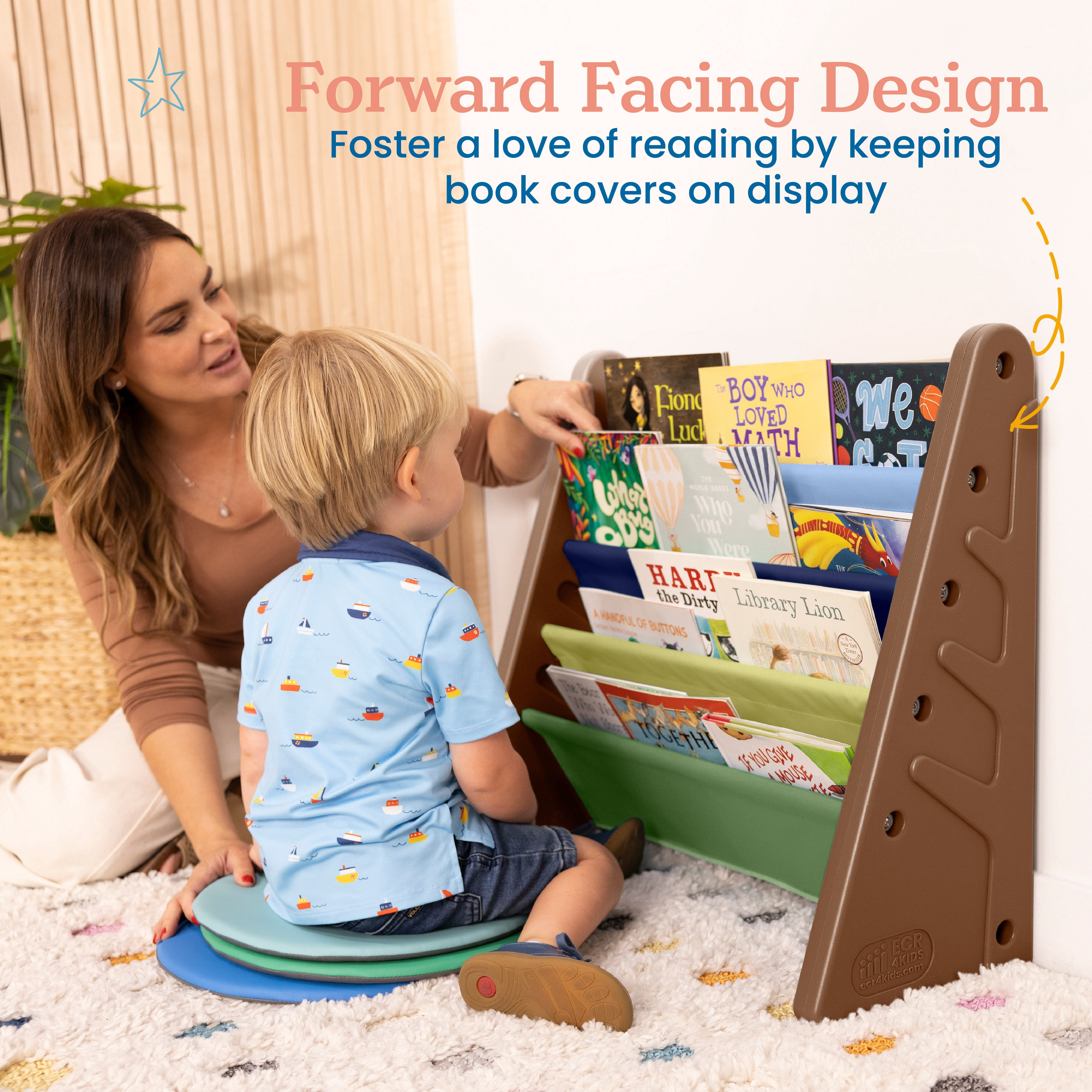 ECR4Kids 4-Tier Sling Book Display with Deep Fabric Pockets, Earthtone