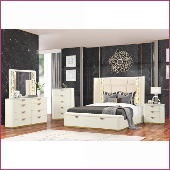 Bedroom Furniture Set 5 Pc Queen Modern Beige Wood with Storage & LED | Gold Accents | Wood | Standard Beds