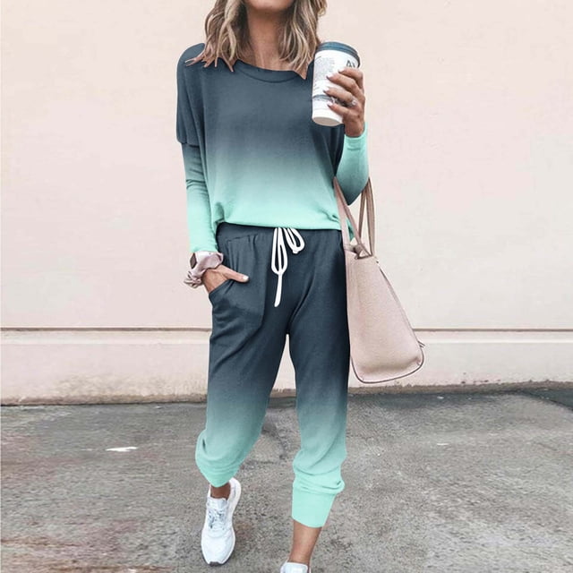 Frostluinai Athleisure Sets Women 2 Piece Trendy Gradient Tracksuits Long Sleeve Shirts Drawstring Joggers Plus Size Color Block Lounge Sets