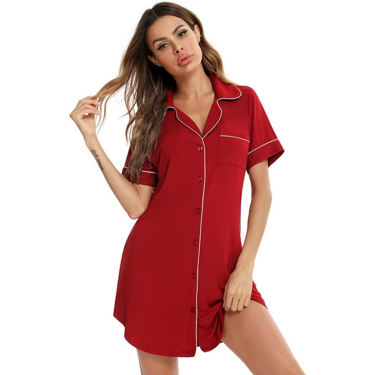 Women s Button Down Nightgown Short Sleeve Nightshirt Sleepwear Boyfriend Sleepshirt Pajama Dress Walmart