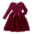 thumbnail image 3 of Girls Rosette Dress Long Sleeve Crew Neck with 3D Floral Skirt, Bow Waist, Solid Color Party Dress for Christmas, Birthday and Pageant, 3 of 9