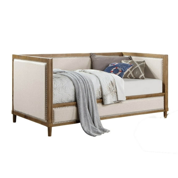 Kyra Twin Daybed with Nailhead Trim, Light Oak Pinewood, Beige Fabric