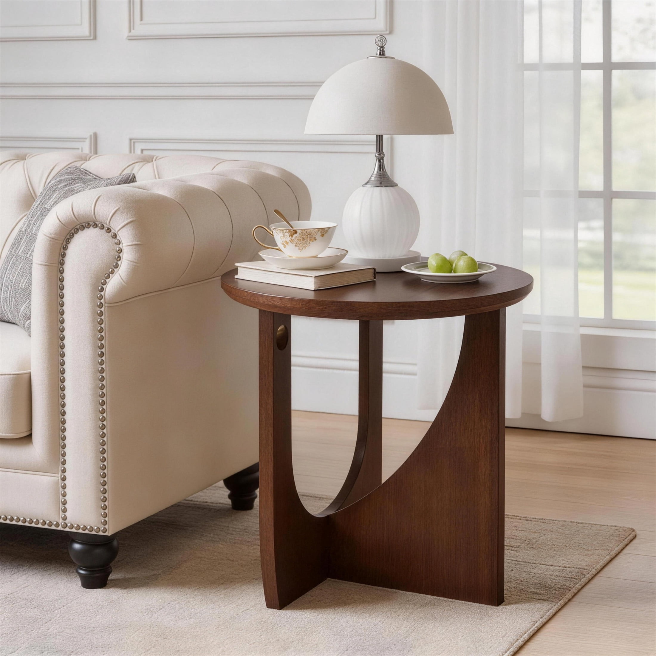 Noble House 2-Piece Round End Table Set, Rubberwood Accent Side Table for Living Room, Walnut