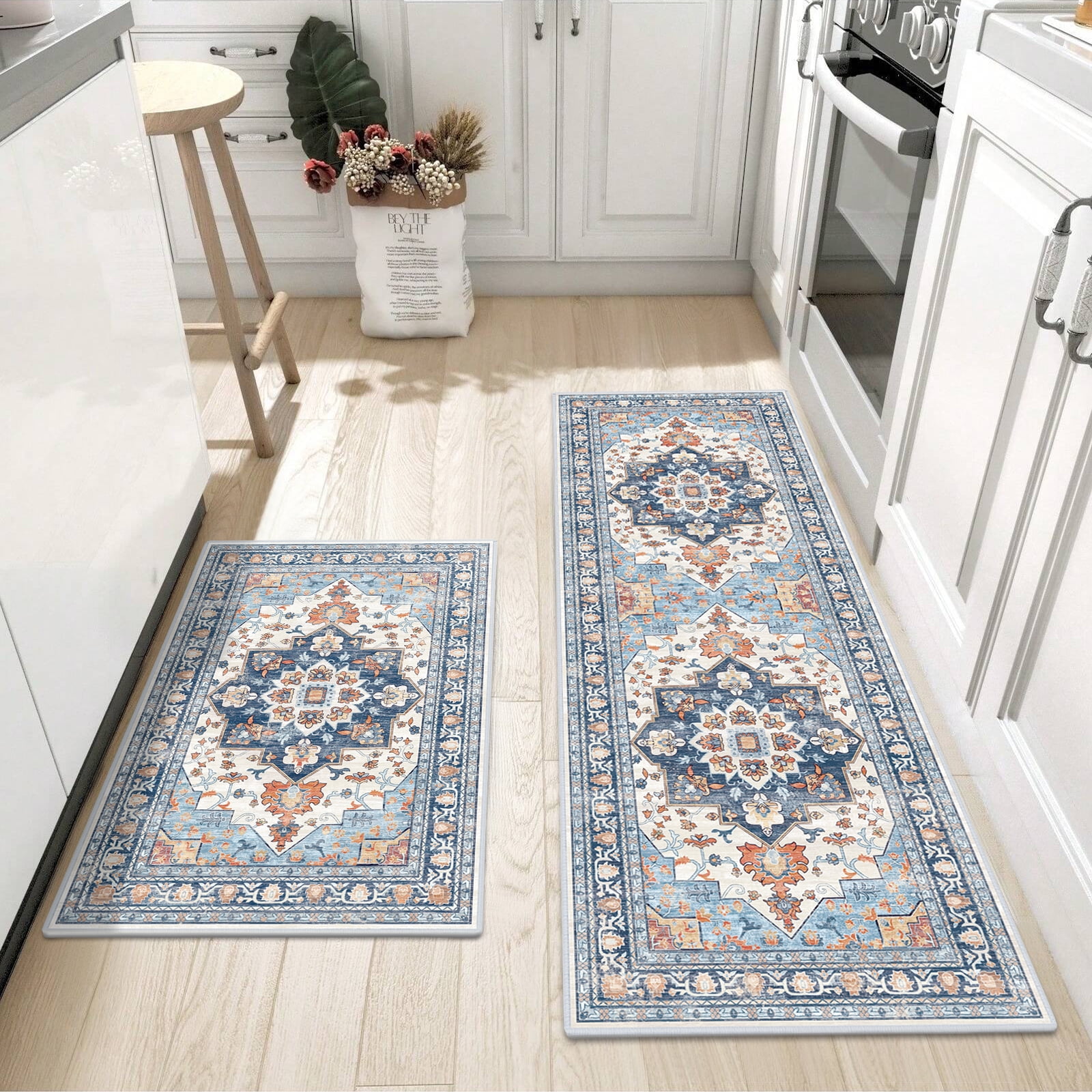 Findosom 2pcs Kitchen Rugs, Washable Boho Farmhouse Kitchen Mats for Floor, Non Slip Thick Indoor Kitchen Floor Mat Carpet Runner Rugs for Entryway Hallway Laundry Home Decor 20"x32"+20"x47" Blue