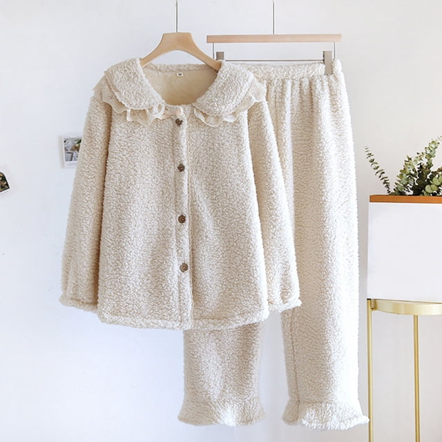 Clearance under 14!Sevevn Plush Womens Solid Color Set Season Thick Set Home Clothes Pajama Set Savings Up to 30% Off Beige M