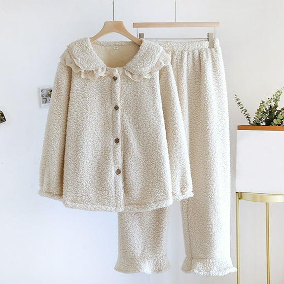 Pajamas For Women Set Flannel Hooded -Fleece Winter Soft Warm Womens Pajama Sets,Beige,L