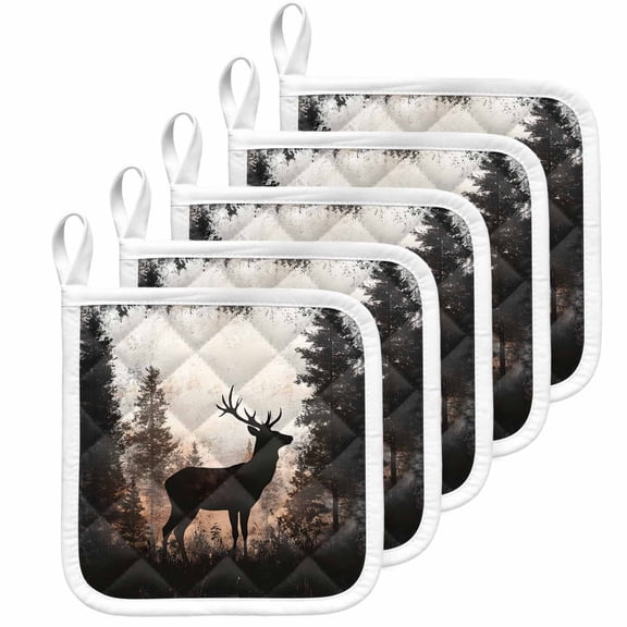 Forest Tree Elk Pot Holders for Kitchen Heatproof Potholder, 5 Pack Vintage Black Deer Animal Wild Plant Hot Pads Multipurpose Oven Pads Cloth Potholders Trivet for Cooking Baking