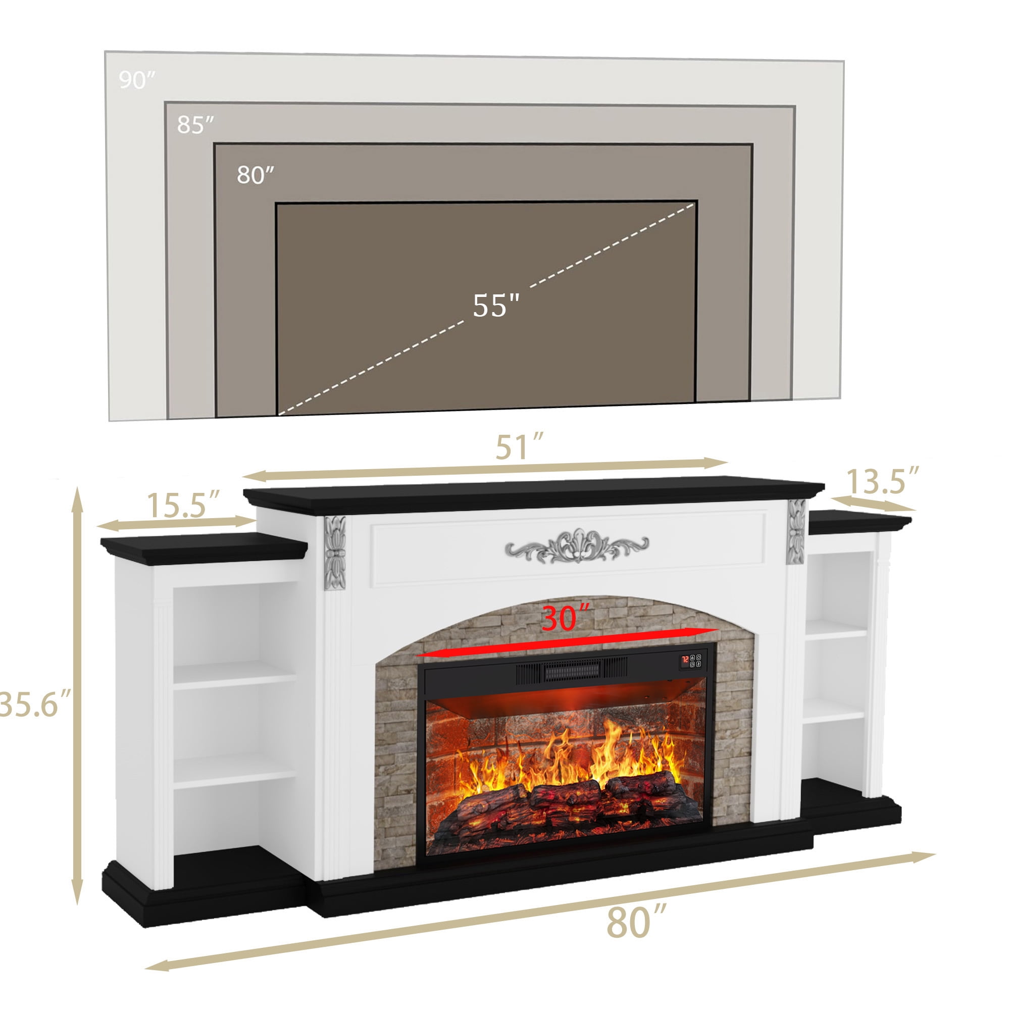 BOSHIRO 80" Electric Fireplace with Mantel and Cabinets, Fireplace TV Stand for Living Room Bedroom