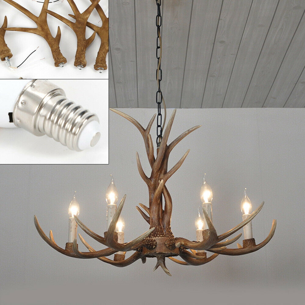 Vintage Chandelier Deer Horn Resin 6 Lights Lights Rural Antler Lamp Retro Style 