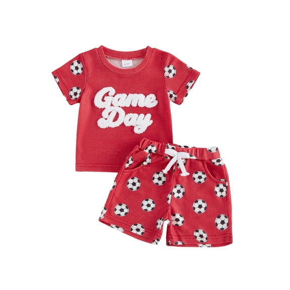BemeyourBBs Toddler Baby Boy Game Day Football Outfit Infant Baby Boys Summer Clothes 6 12 18 24 Months 2 3 4 Years Short Sleeve Soccer Letters Print T Shirt Tops with Pockets Shorts 2Pcs Set