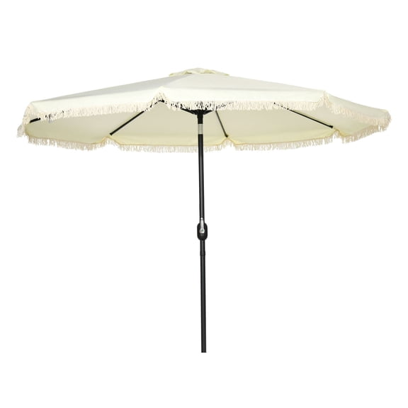 9ft Patio Umbrella Outdoor with Tilt & Crank, Fringed Market Table Umbrella, 8 Ribs Garden Parasol for Patio, Deck, Cream White