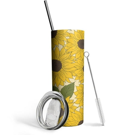 

Sunflower Tumbler 20 Oz Travel Coffee Mug Sunflower Print Skinny Tumblers with Lid and Straw Stainless Steel Insulated Coffee Cups Gift for Sunflower Lover