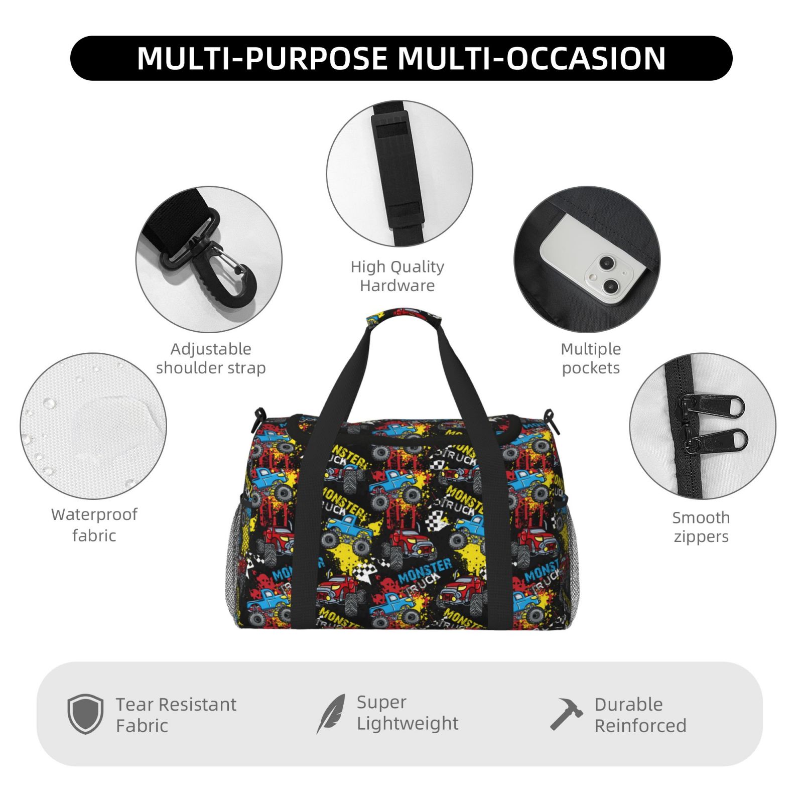 Fuzoiu Monster Car Print Travel Duffle Bag,Carry On Tote Bags,Duffel Bag,Sport Gym Bag, Hospital Bag for Labor and Delivery, Overnight Bag,Luggage Bag