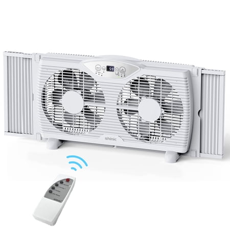 Shinic 9" Twin Window Fan with Thermostat, Reversible Airflow, 3 Speeds, Expandable Width 23.8"-37", ETL Listed
