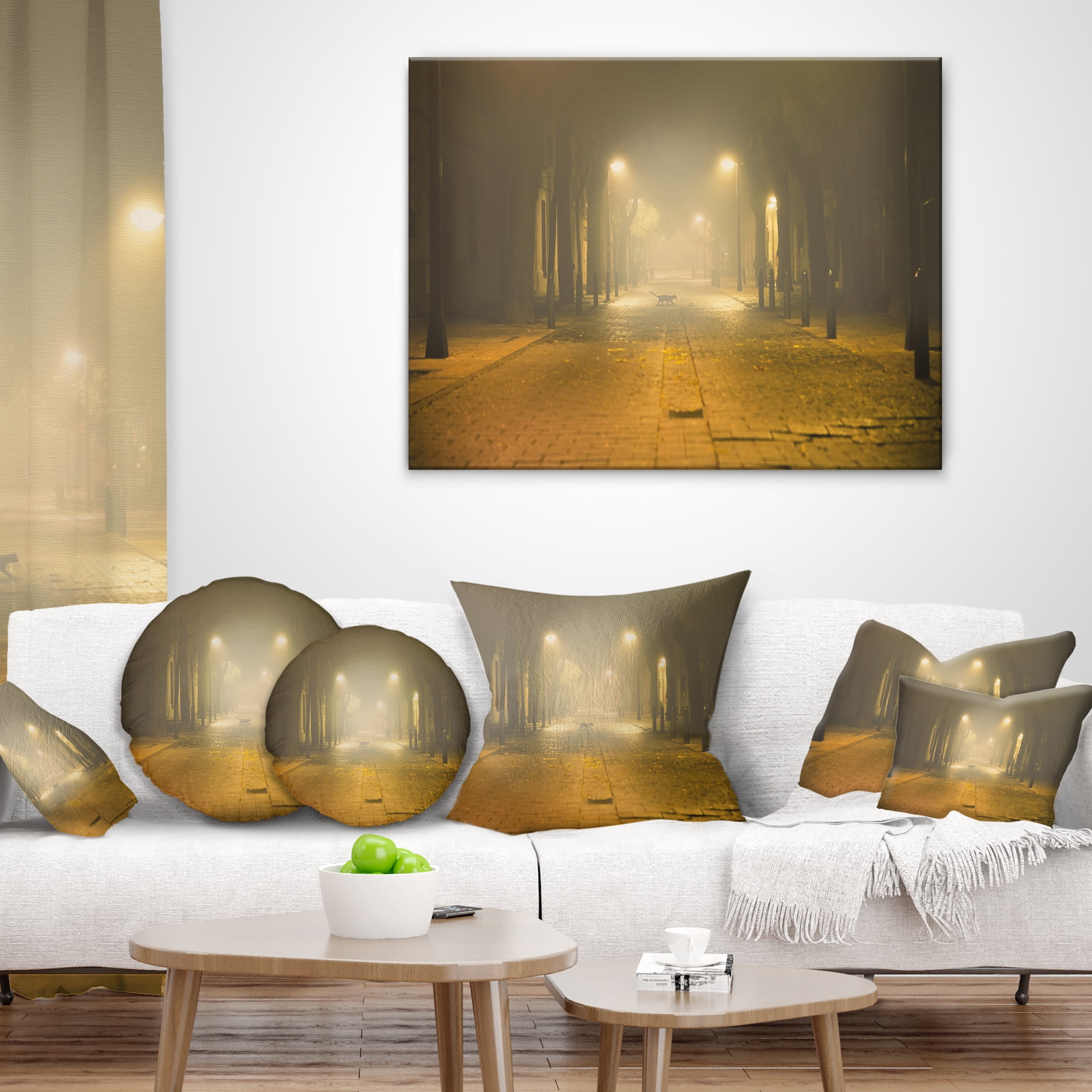 Designart Urban Street at Night - Landscape Photo Throw Pillow - 12x20