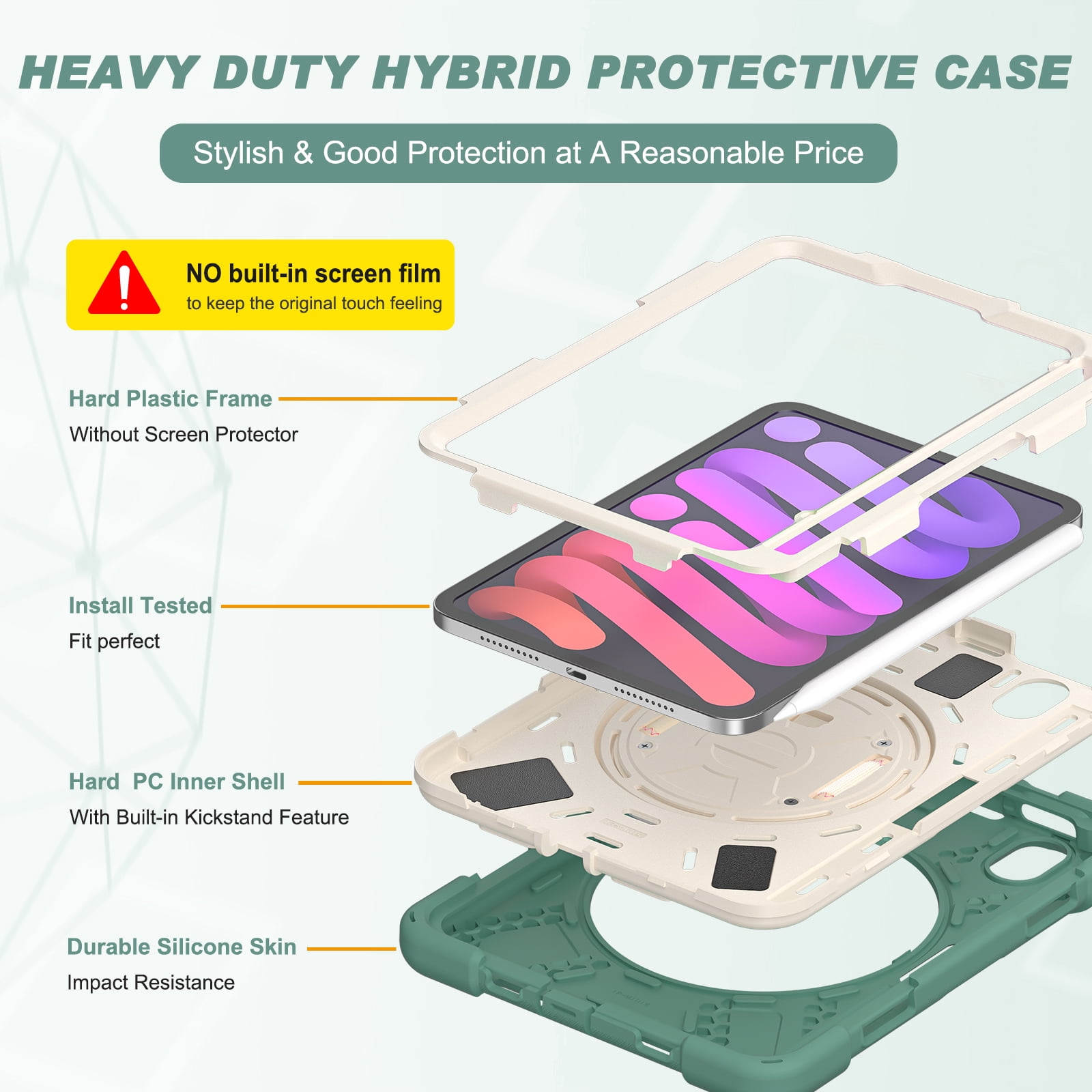Allytech iPad mini 6 Case 8.3-inch 2021, Military Grade Shockproof Anti-scratch Build-in Pencil Holder Kickstand Hand Strap Protective Case Cover for Apple iPad mini 6th Generation, Darkgreen
