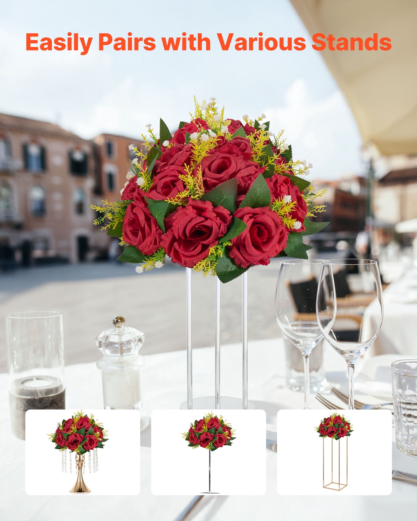 VEVOR Flower Balls Arrangement Bouquet 10 PCS, 9.5-Inch Wedding Red Roses Centerpieces, Fake Flowers Kissing Balls Decor Artificial Floral Arrangements Flower Bouquet for Home Party Table Decorations