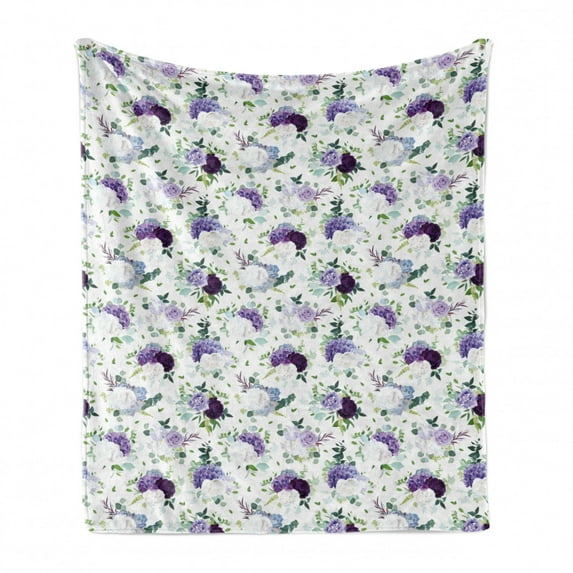 Floral Soft Flannel Fleece Throw Blanket, Repetitive Lilac Tones Flowers Hydrangea Rose Print, Cozy Plush for Indoor and Outdoor Use, 60" x 80", Plum Blue Violet, by Ambesonne